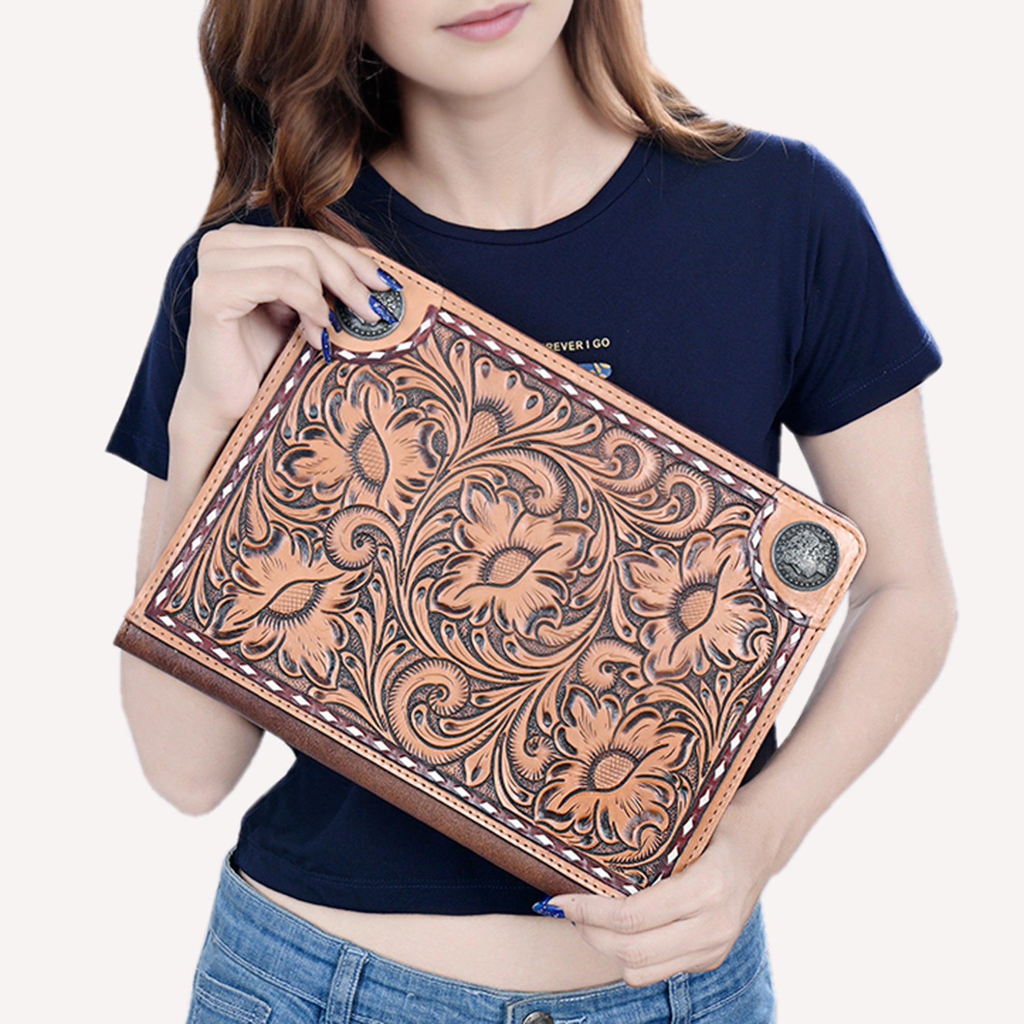 ADBG1266 Hand-Tooled Leather Portfolio with Conchos - Western Floral Binder