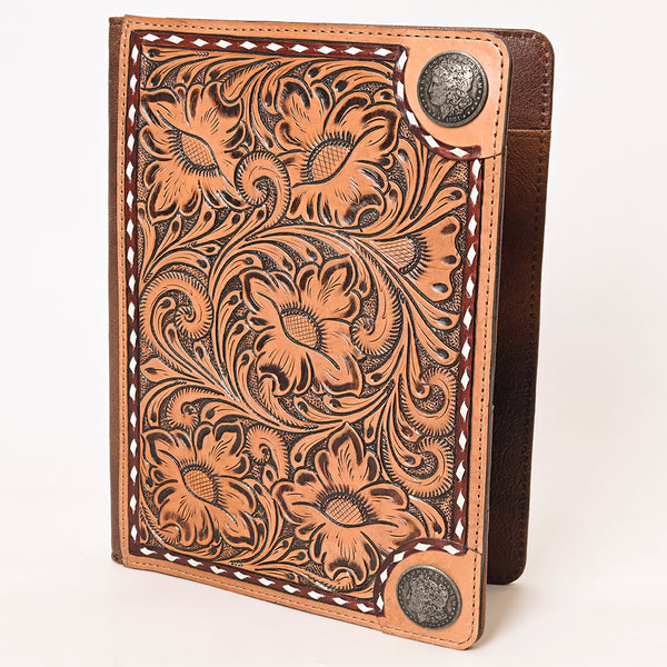 ADBG1266 Hand-Tooled Leather Portfolio with Conchos - Western Floral Binder