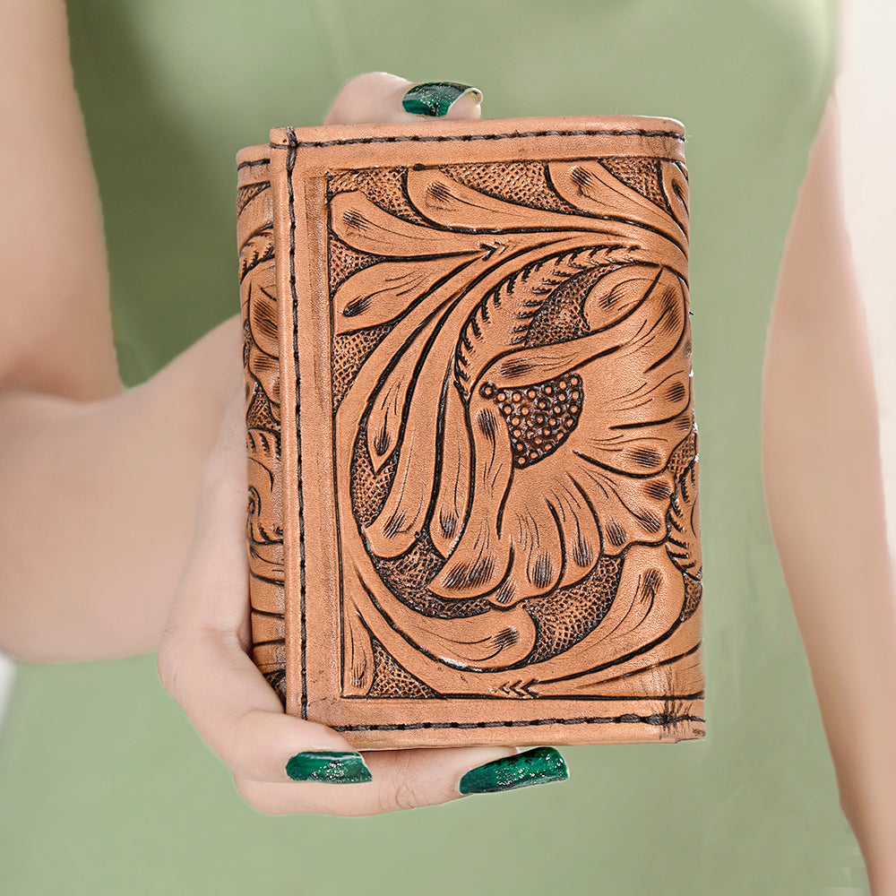 ADBG1268 Hand-Tooled Leather Card Wallet - Western Floral Minimalist Bifold
