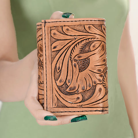 American Darling Hand-Tooled Genuine Leather Western Trifold Wallet - Floral Carved Artisan Wallet