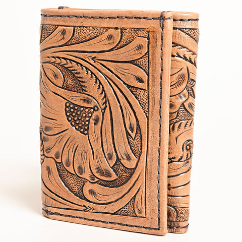 American Darling Hand-Tooled Genuine Leather Western Trifold Wallet - Floral Carved Artisan Wallet