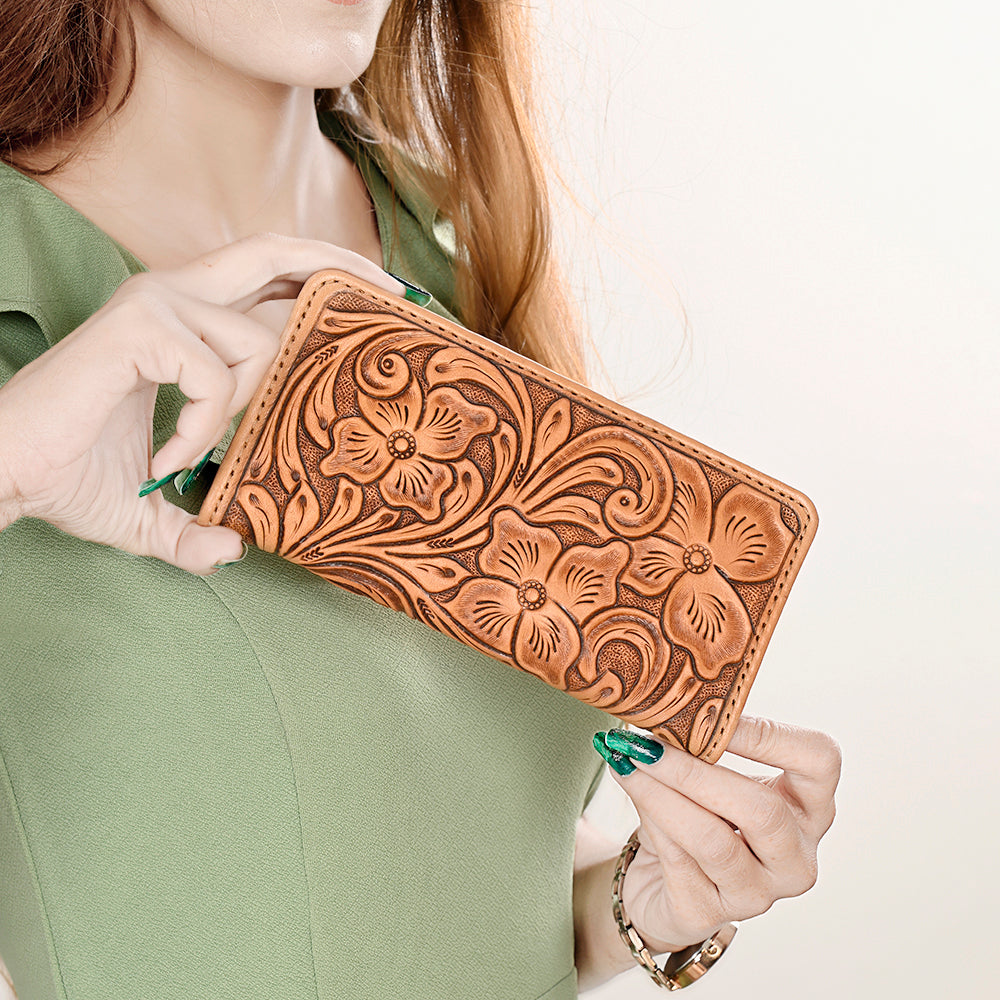 ADBG1269 Hand-Tooled Leather Long Wallet - Western Floral Rodeo Style