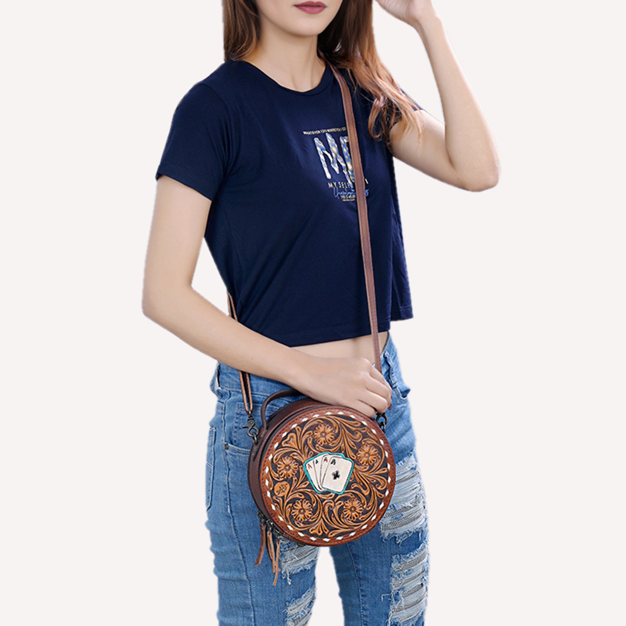 American Darling Tooled Leather Canteen Bag | Playing Card Western Purse