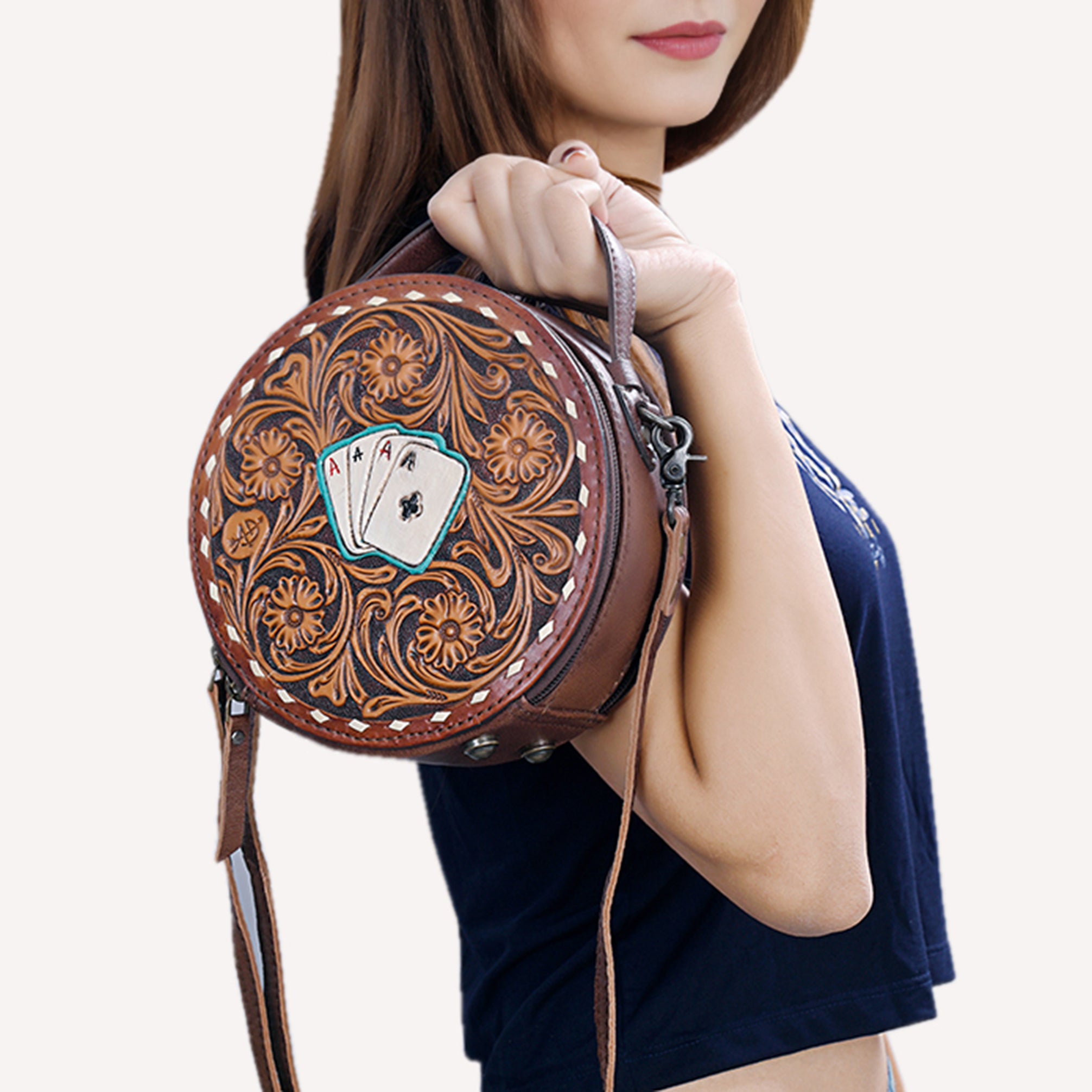 American Darling Tooled Leather Canteen Bag | Playing Card Western Purse