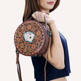 ADBG1270 Round Hand-Tooled Leather Crossbody Bag - Poker Aces Design