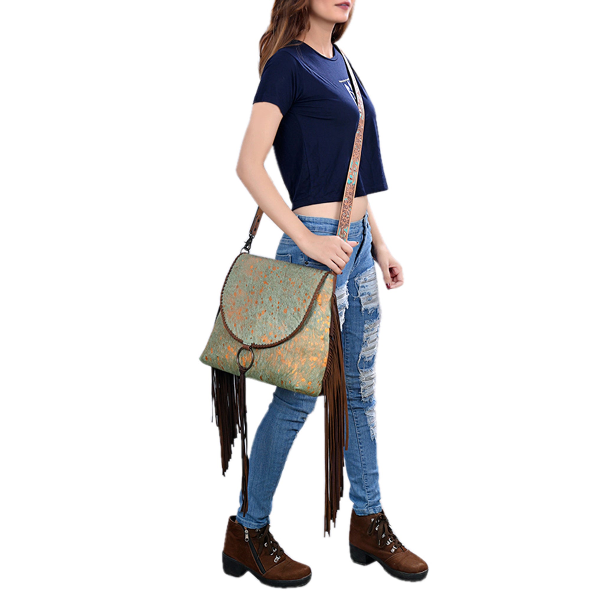 American Darling Cowhide Fringe Crossbody | Tooled Leather Bag