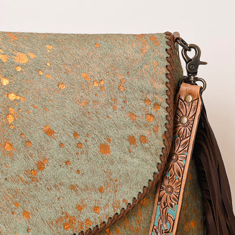 American Darling Cowhide Fringe Crossbody -Tooled Leather Bag