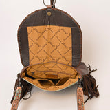 ADBG1273 Copper Acid Wash Hair-On Hide Fringe Flap Bag with Tooled Strap