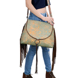 ADBG1273 Copper Acid Wash Hair-On Hide Fringe Flap Bag with Tooled Strap