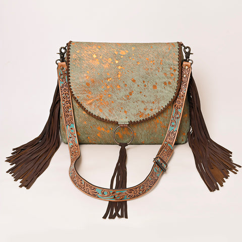 American Darling Cowhide Fringe Crossbody -Tooled Leather Bag