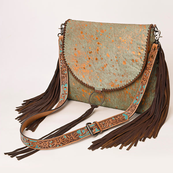 ADBG1273 Copper Acid Wash Hair-On Hide Fringe Flap Bag with Tooled Strap