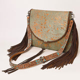 ADBG1273 Copper Acid Wash Hair-On Hide Fringe Flap Bag with Tooled Strap