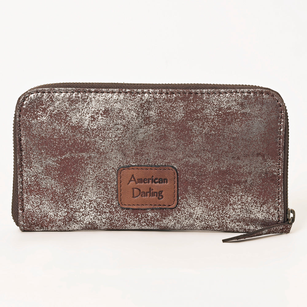 ADBGZ776 Western Metallic Distressed Leather Wallet - Silver-Foiled Zip Clutch