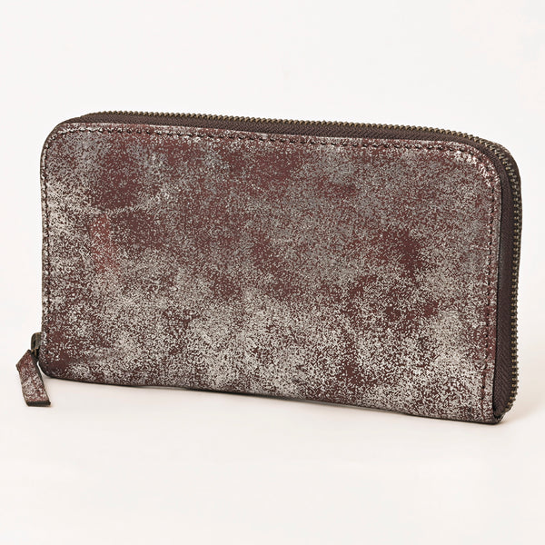 ADBGZ776 Western Metallic Distressed Leather Wallet - Silver-Foiled Zip Clutch