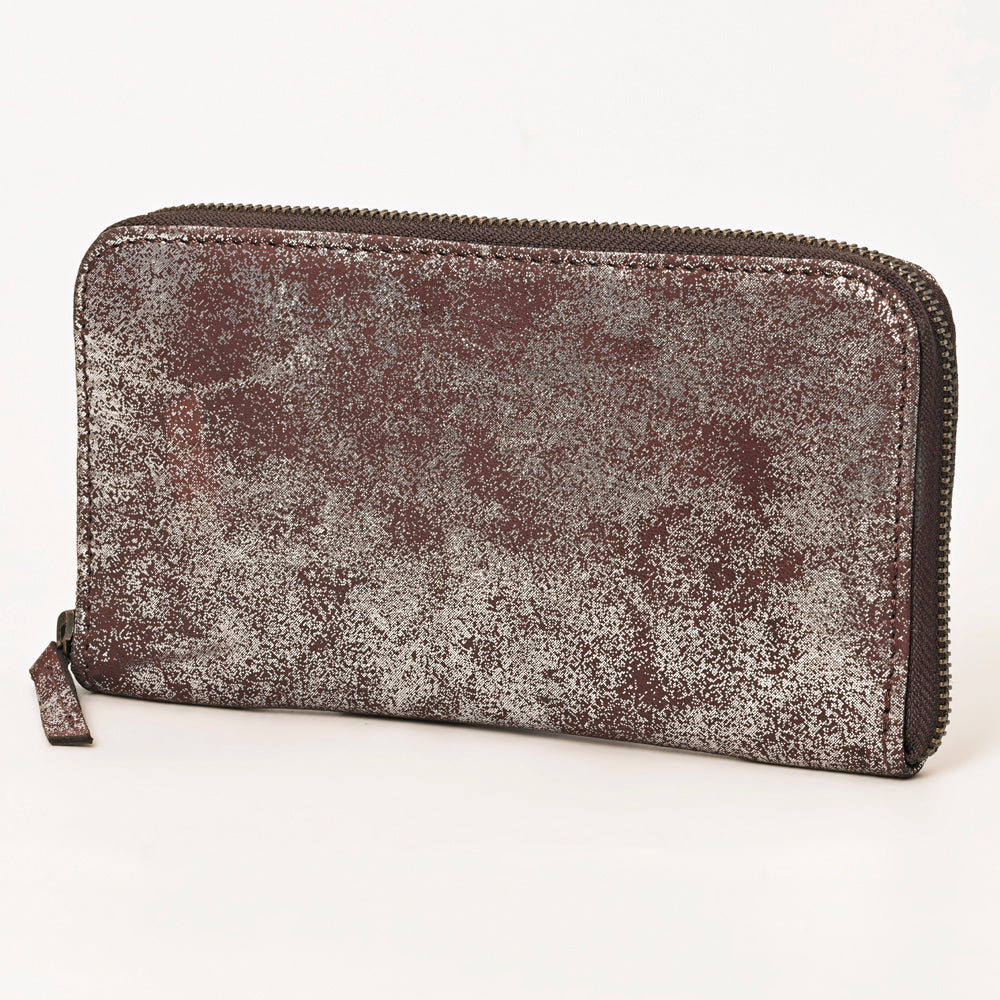 ADBGZ776 Western Metallic Distressed Leather Wallet - Silver-Foiled Zip Clutch