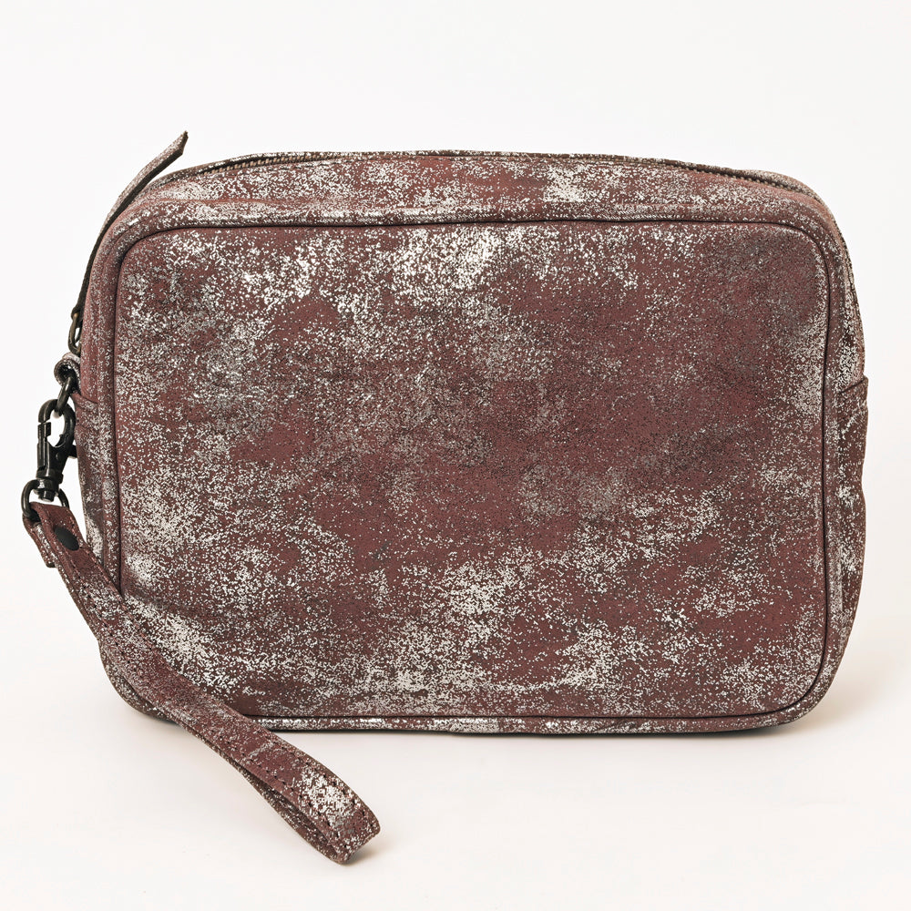 ADBGZ777 Western Metallic Leather Wristlet Jewelry Case - Silver-Foiled Distressed Finish