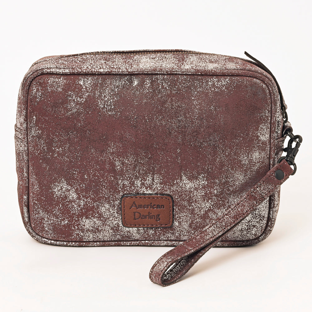 ADBGZ777 Western Metallic Leather Wristlet Jewelry Case - Silver-Foiled Distressed Finish