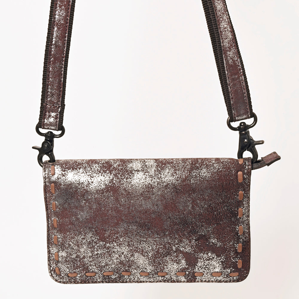 ADBGZ778 Western Distressed Metallic Leather Crossbody - Silver-Foiled Sling Bag