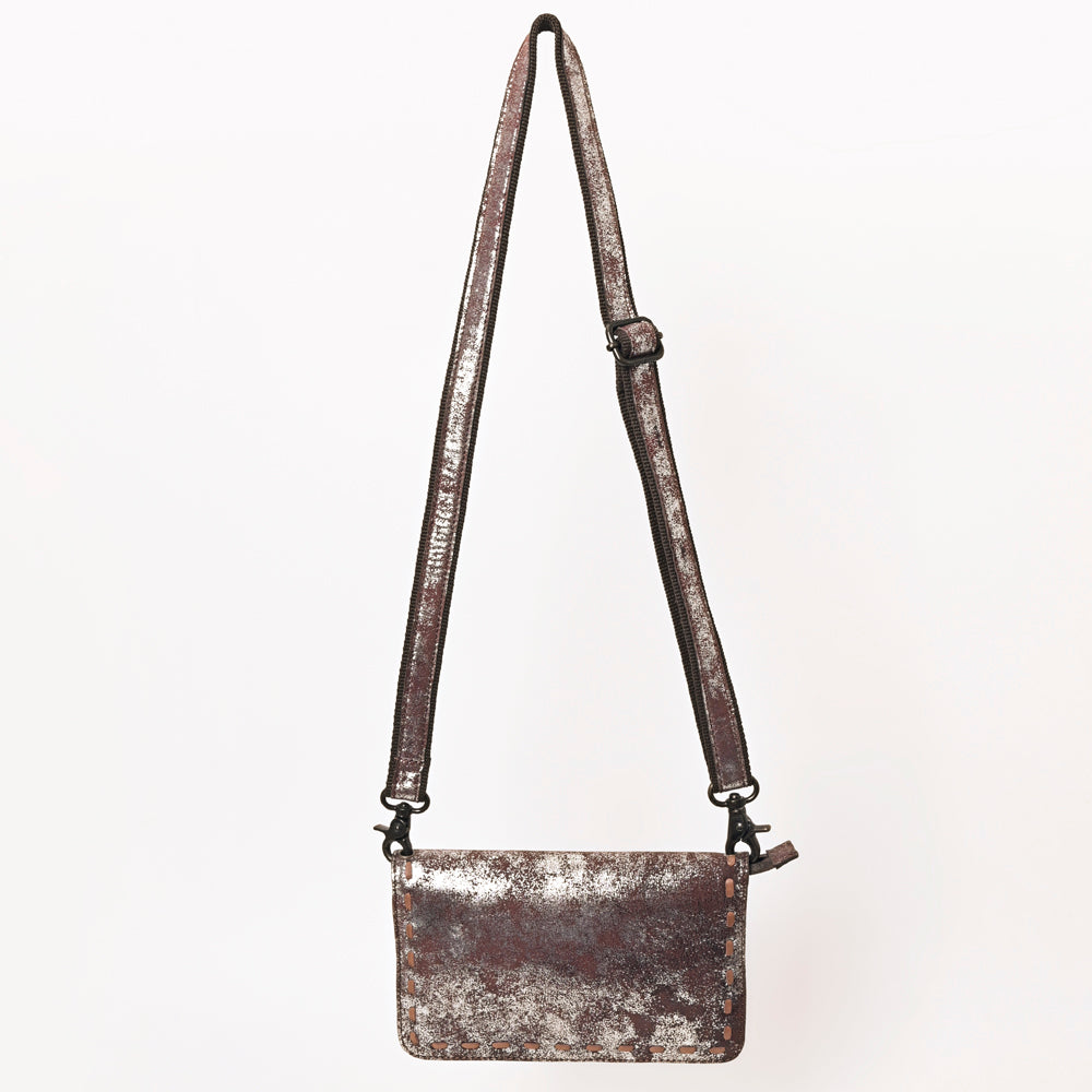 ADBGZ778 Western Distressed Metallic Leather Crossbody - Silver-Foiled Sling Bag