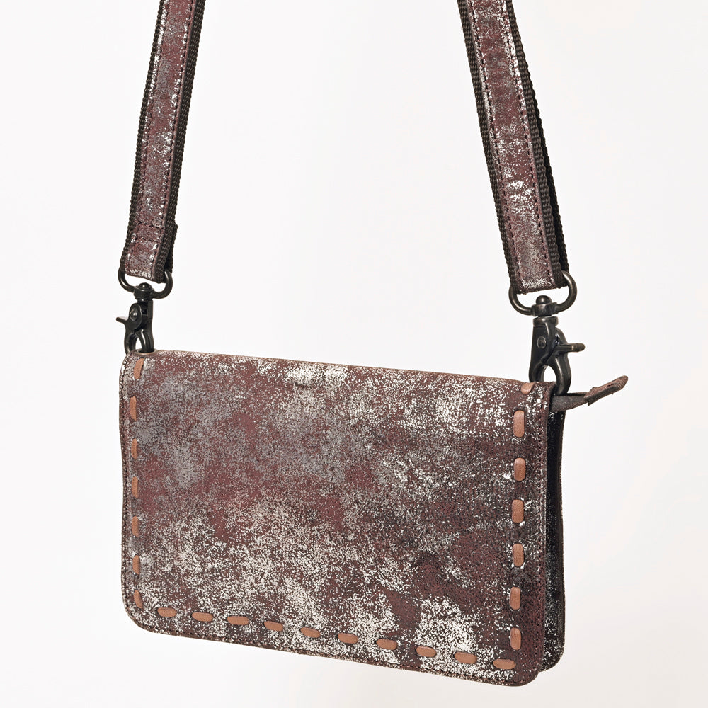 ADBGZ778 Western Distressed Metallic Leather Crossbody - Silver-Foiled Sling Bag