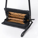 ADBG1279 Black Tooled Leather Crossbody Clutch with Floral Design