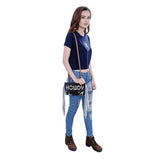 ADBG1282 Black and White Cowhide Howdy Crossbody Bag with White Fringe