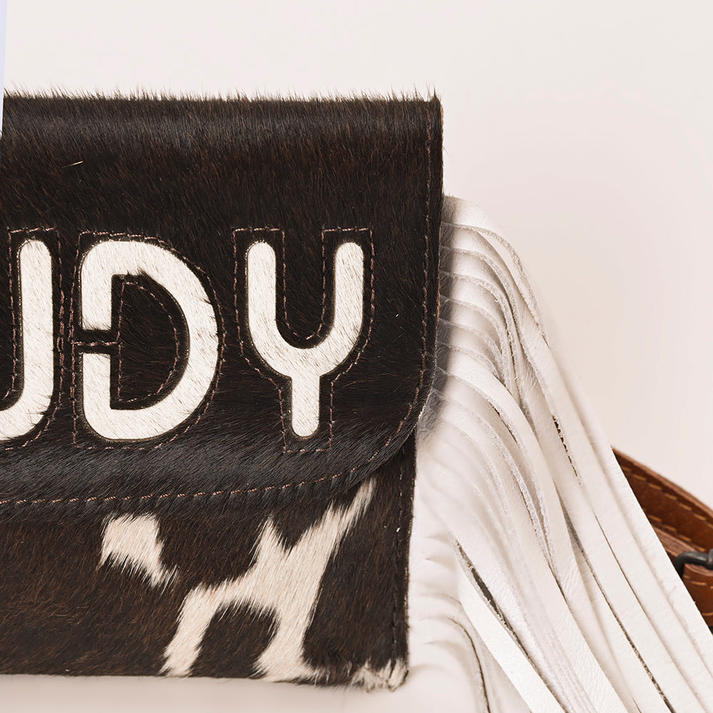 ADBG1282 Black and White Cowhide Howdy Crossbody Bag with White Fringe