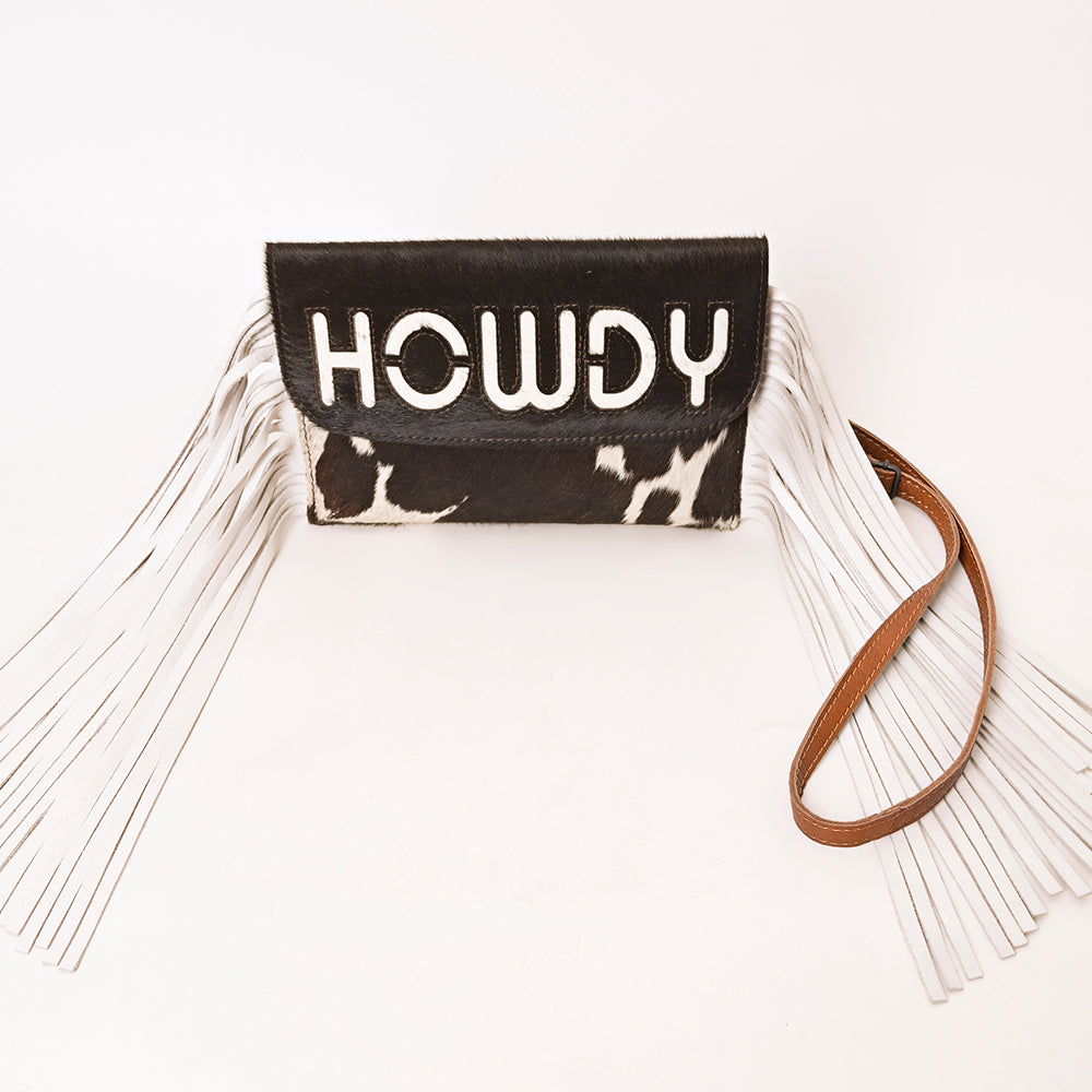 ADBG1282 Black and White Cowhide Howdy Crossbody Bag with White Fringe