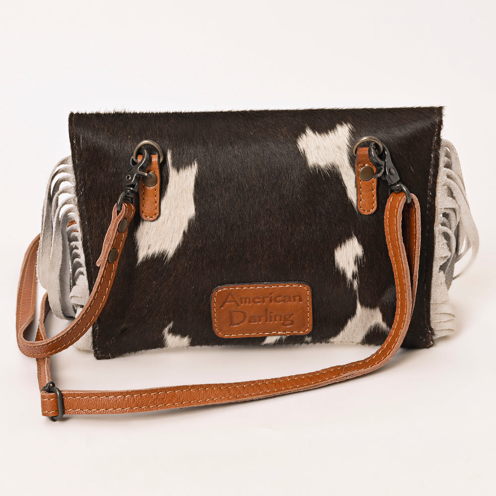 ADBG1282 Black and White Cowhide Howdy Crossbody Bag with White Fringe