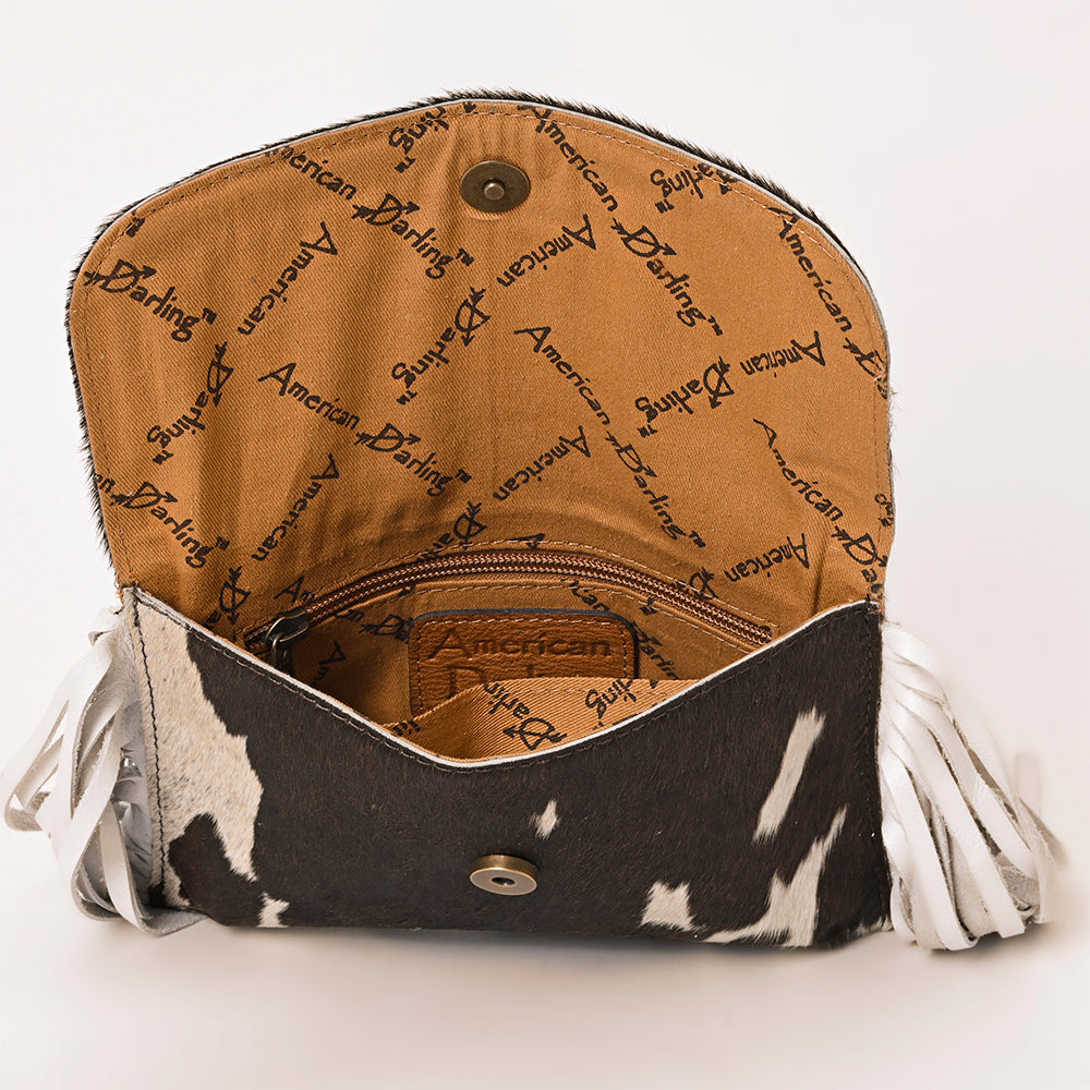 ADBG1282 Black and White Cowhide Howdy Crossbody Bag with White Fringe