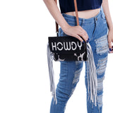 ADBG1282 Black and White Cowhide Howdy Crossbody Bag with White Fringe