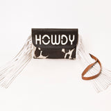 ADBG1282 Black and White Cowhide Howdy Crossbody Bag with White Fringe