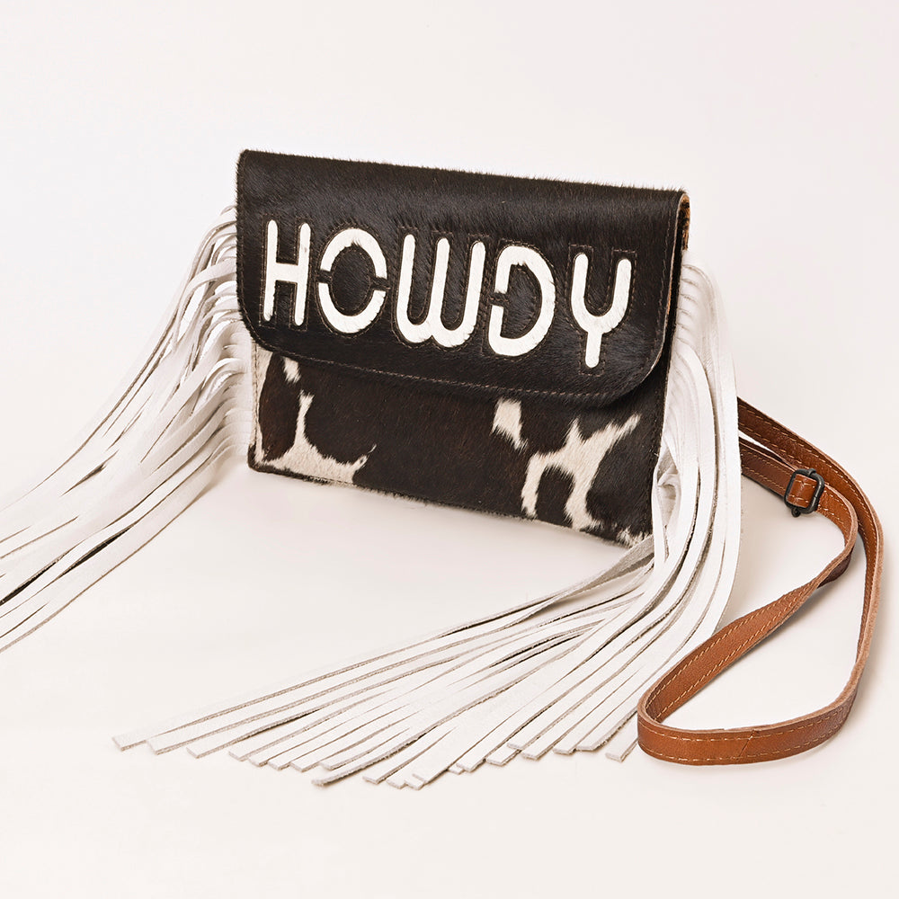 ADBG1282 Black and White Cowhide Howdy Crossbody Bag with White Fringe