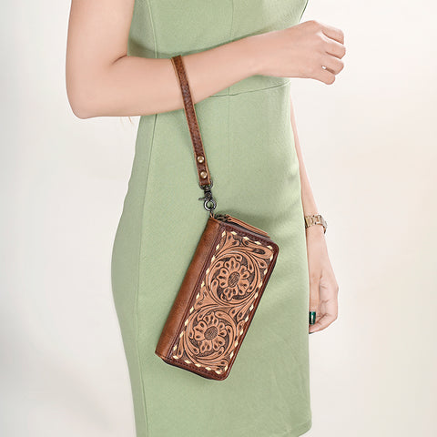 American Darling Hand-Tooled Leather Western Wristlet Bag - Genuine Floral Carved Wallet