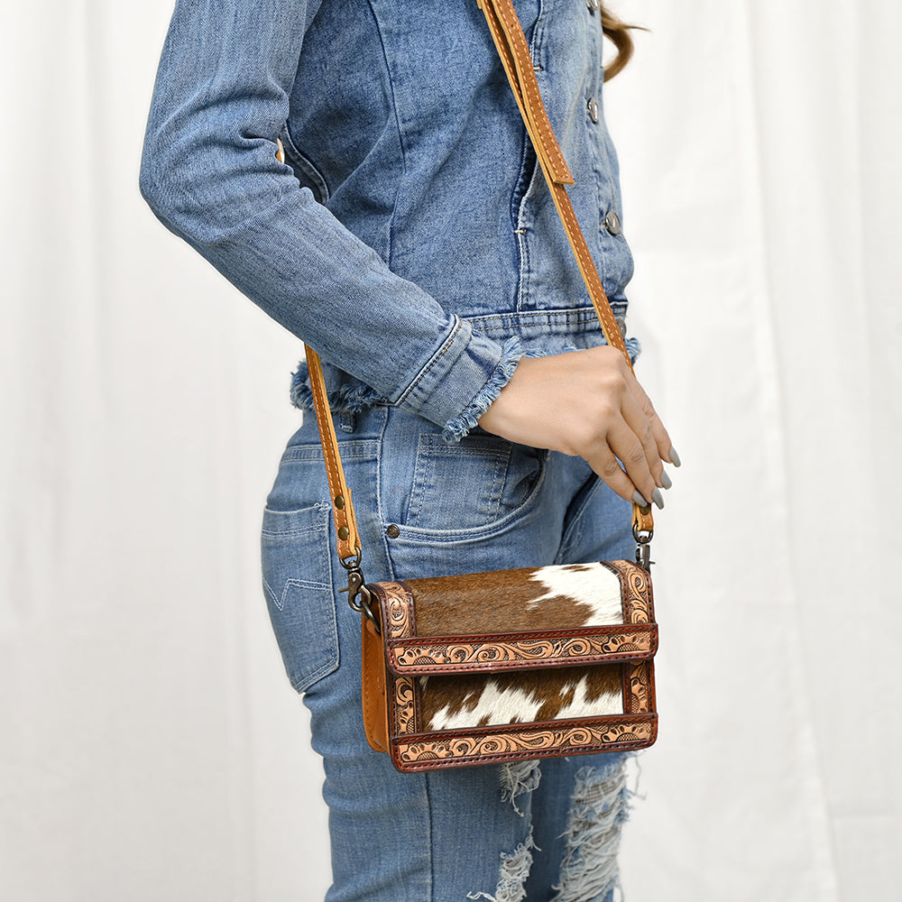 American Darling Handcrafted Western Leather Crossbody Bag with Hair-On Cowhide & Tooled Details