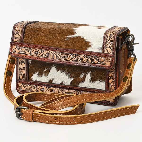 ADBG1292 Cowhide & Hand Tooled Leather Crossbody Bag - Western Hair-On Hide with Tooled Trim