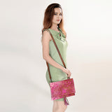 ADBG1295 Pink Acid-Wash Cowhide Leather Clutch - Metallic Hair-On Crossbody with Tassel