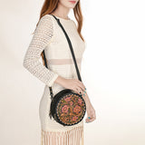 ADBG1188 Round Hand-Tooled Leather Canteen Bag - Floral & Inlay Western Design