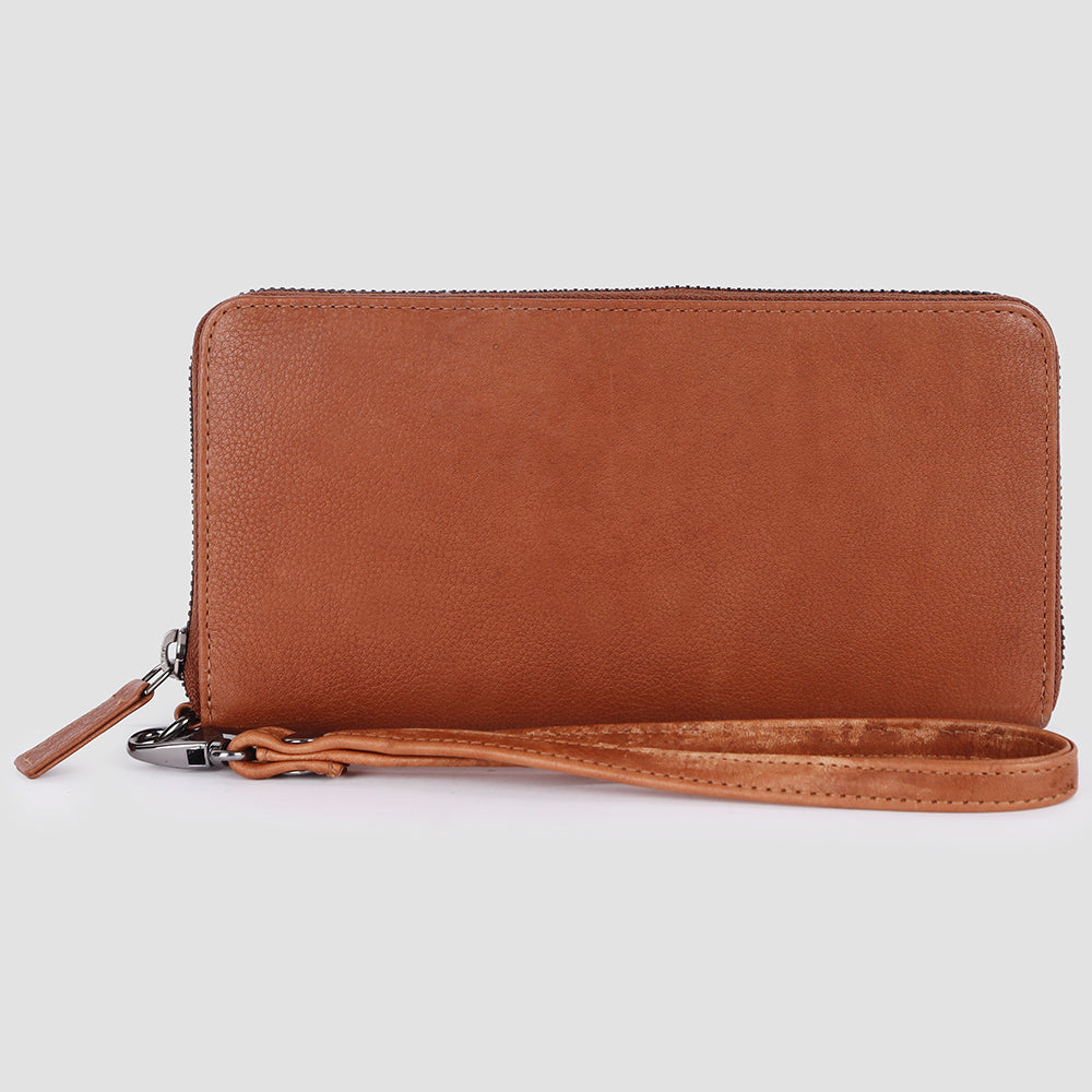 ADBGM394 Saddle Brown Zip-Around Leather Wallet Wristlet - American Darling