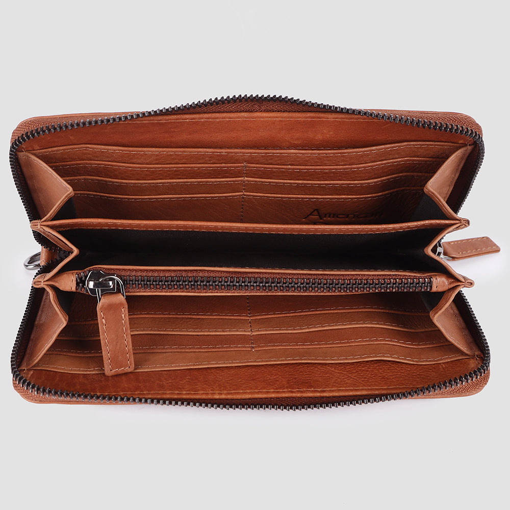 ADBGM394 Saddle Brown Zip-Around Leather Wallet Wristlet - American Darling