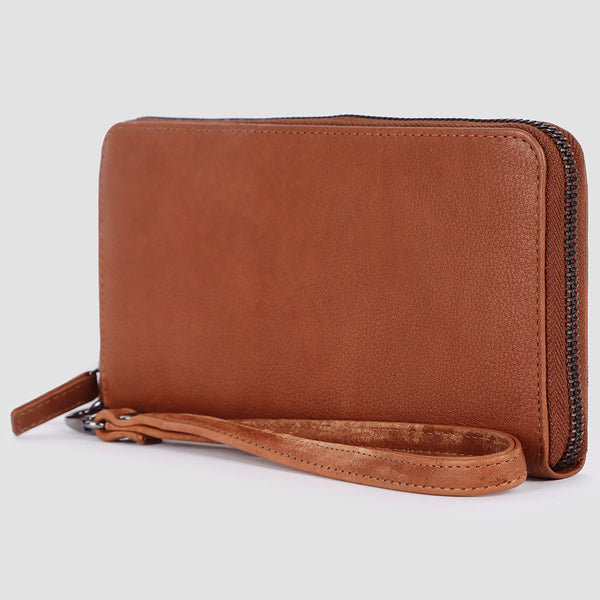 ADBGM394 Saddle Brown Zip-Around Leather Wallet Wristlet - American Darling
