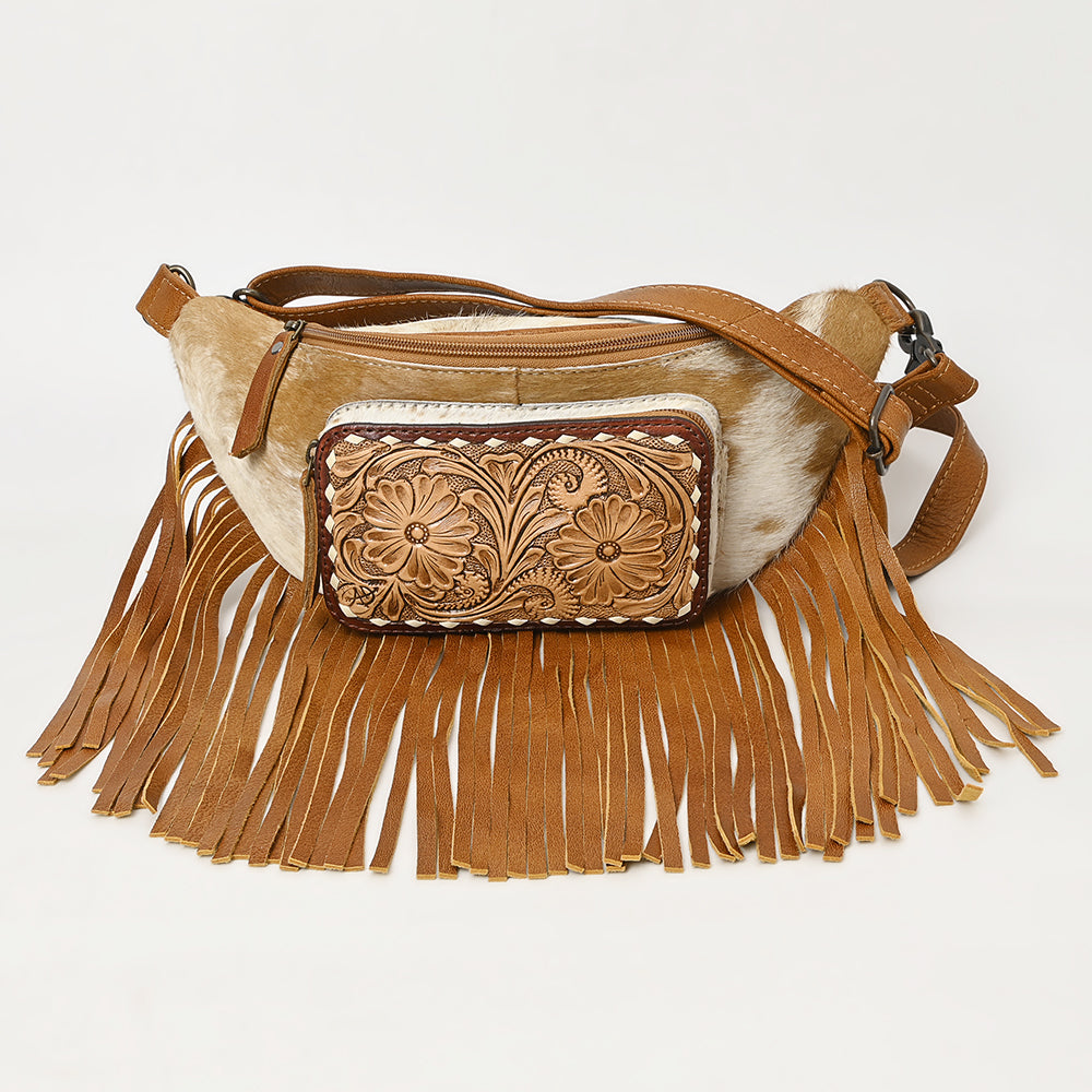 ADBG1297 Cowhide Fringe Belt Bag - Western Fanny Pack with Hand Tooled Leather Front