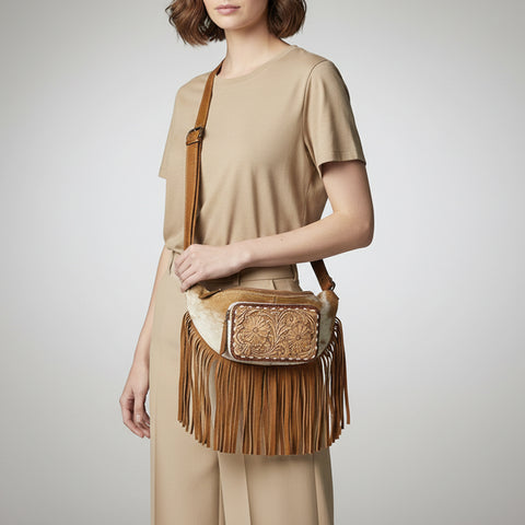 American Darling Western Leather Fanny Pack with Hair-On Cowhide and Fringe -Hand-Tooled Waist Bag