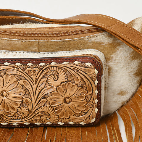 American Darling Western Leather Fanny Pack with Hair-On Cowhide and Fringe -Hand-Tooled Waist Bag