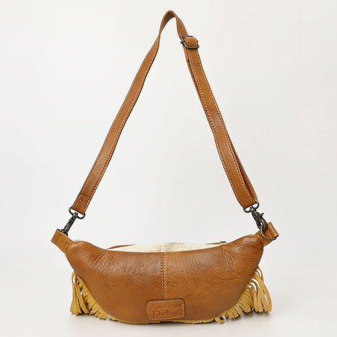 American Darling Western Leather Fanny Pack with Hair-On Cowhide and Fringe -Hand-Tooled Waist Bag