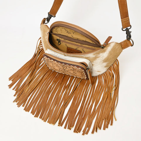 American Darling Western Leather Fanny Pack with Hair-On Cowhide and Fringe -Hand-Tooled Waist Bag