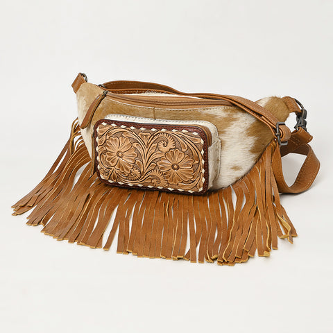 American Darling Western Leather Fanny Pack with Hair-On Cowhide and Fringe -Hand-Tooled Waist Bag