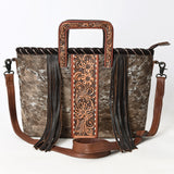 ADBG1298 Cowhide Leather Tote Bag - Tooled Floral Center, Fringe Sides & Structured Handles