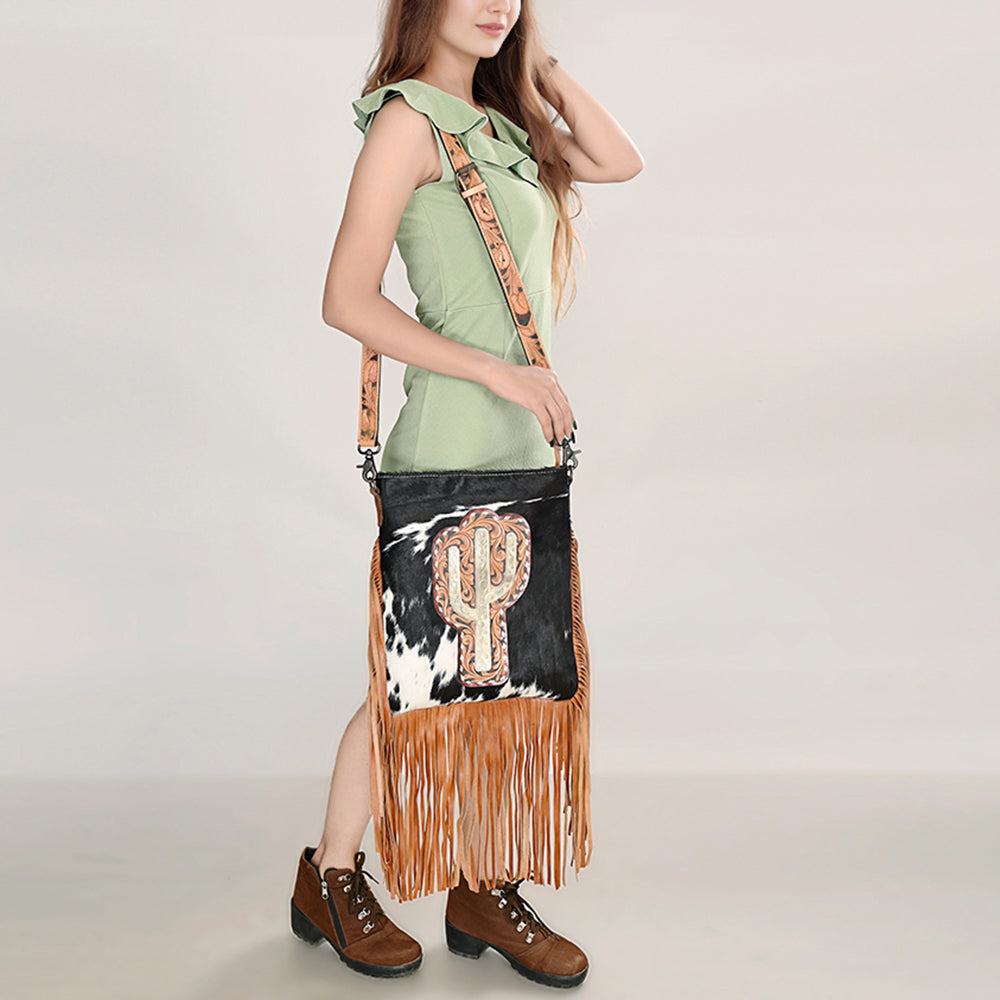 ADBG1299 Black Hair-On Cowhide Leather -Cactus with Tooled Western Messenger Bag - American Darling June Edition