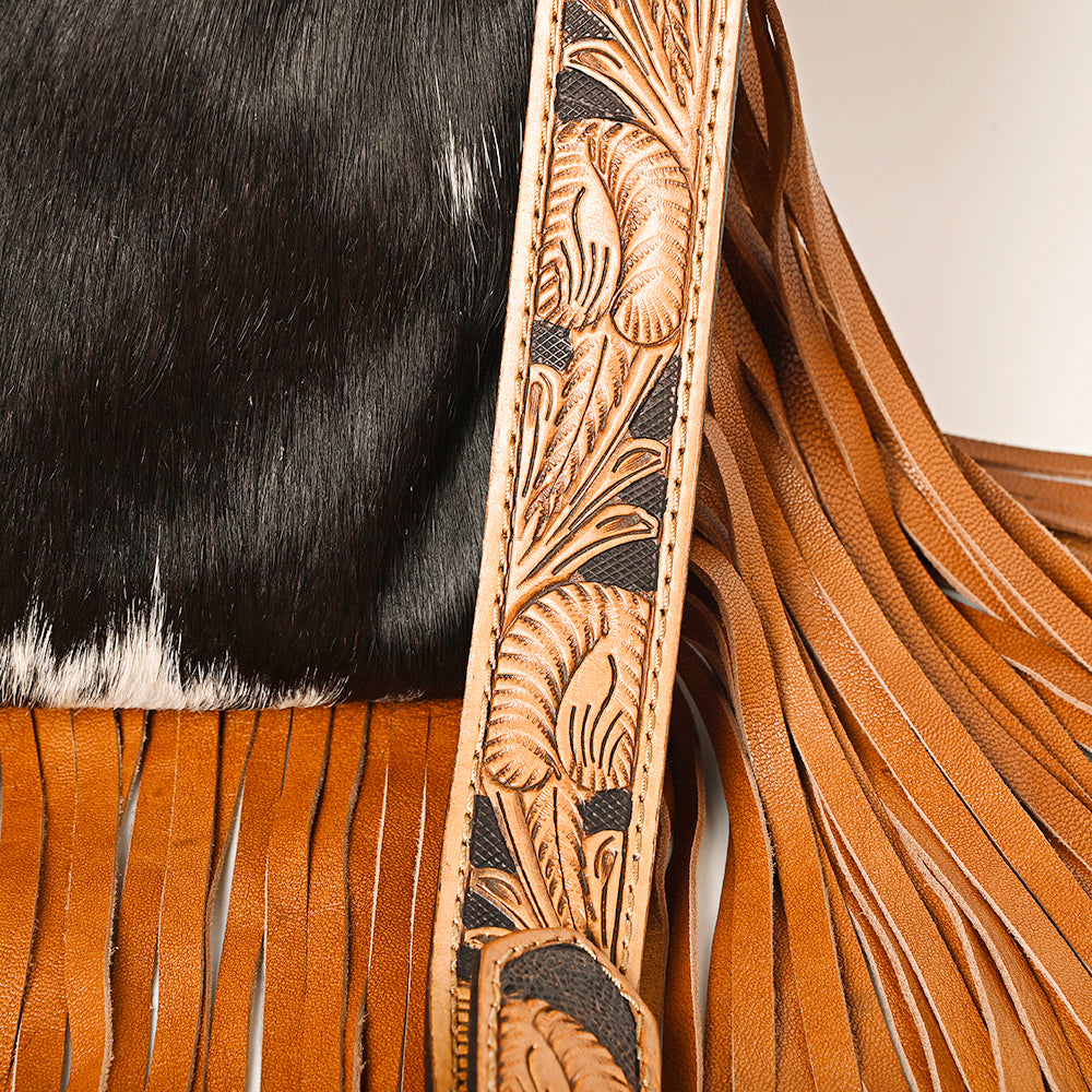 ADBG1299 Black Hair-On Cowhide Leather -Cactus with Tooled Western Messenger Bag - American Darling June Edition